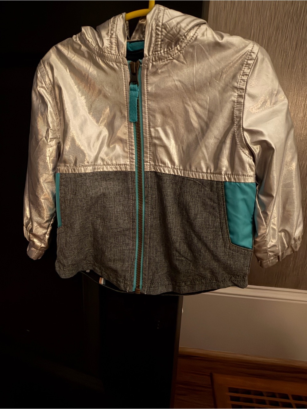 Kids Silver and Teal Hooded Rain Jacket